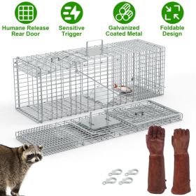 Humane Cat Trap Cage With Gloves Catch Release Live Animal Rodent Cage Collapsible Galvanized Wire For Raccoons Beavers Groundhogs Foxes Armadill (Option: LWGlovePlate)
