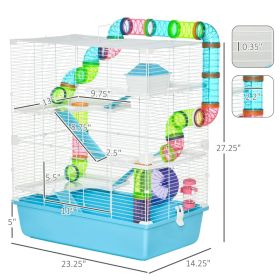 Hamster Cage With Tubes And Tunnels, Portable Carry Handles, Rat House And Habitats Big 5-Tier Design, Mouse Cage Includes Exercise Wheel, Water (Option: Light Blue White)